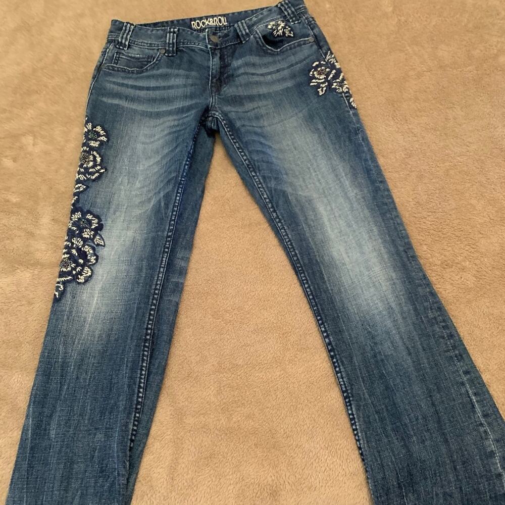 Rock & Roll Cowgirl Lace Applique Embroidered Jeans Size 26